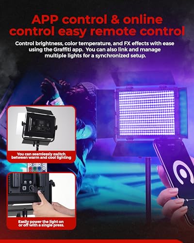 REFLEX CAMERA RGB LED Video Light Panel 3200K–5600K Bi-Color Dimmable with App & Remote Control – Studio Light for Photography, YouTube, Filmmaking, Adjustable Hue Saturation Barn Doors