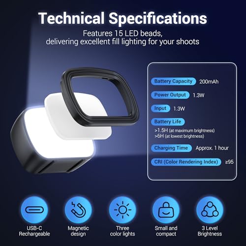 JJC Magnetic Fill Light, Tiny Lights for Hand Craft DIY Miniature and 3D Printed Model Doll House, Rechargeable LED Video Light, 3 Color Modes/Brightness Adjustable, Compact Lightweight Individual - color: 1Pc Light Only