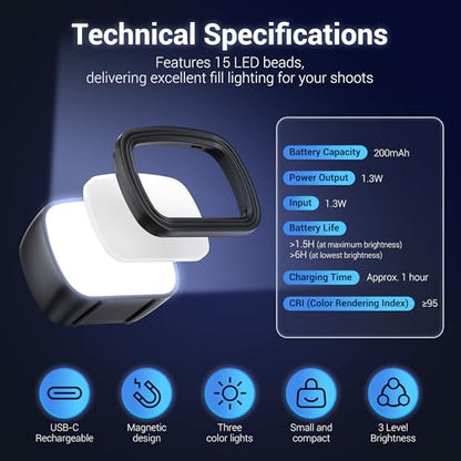 JJC Magnetic Fill Light, Tiny Lights for Hand Craft DIY Miniature and 3D Printed Model Doll House, Rechargeable LED Video Light, 3 Color Modes/Brightness Adjustable, Compact Lightweight Individual - color: 1Pc Light Only