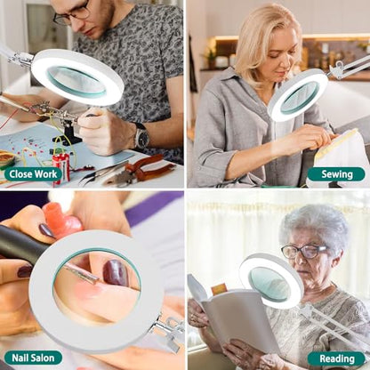 YOUKOYI LED Magnifying Lamp Metal Swing Arm Magnifier Lamp -10 Levels Brightness, 3 Color Modes, 5X Magnification, 4.1" Diameter Glass Lens, Adjustable Industrial Clamp for Reading/Office/Work (White) - color: White1