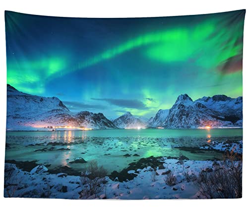 BELECO 10x6.5ft Fabric Aurora Borealis Night Sky Backdrop Arctic Snow-Capped Mountains Lake Scenery Starry Sky with Polar Lights Norway Winter Landscape Background Wallpaper Home Decor Photo Props - size: 10x6.5FT