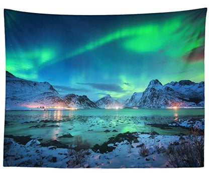 BELECO 10x6.5ft Fabric Aurora Borealis Night Sky Backdrop Arctic Snow-Capped Mountains Lake Scenery Starry Sky with Polar Lights Norway Winter Landscape Background Wallpaper Home Decor Photo Props - size: 10x6.5FT