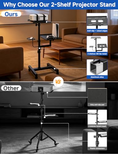 KOOV 2 Shelves Projector Stand, Max 47" Height Adjustable, Mobile Cart on Wheels, Projector Tripod Stand, Rolling Laptop Floor Stand, For Couch - size: 47inch