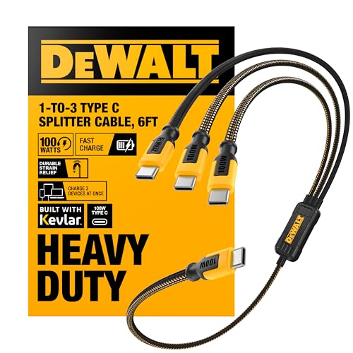 DEWALT 100W Smart USB-C to USB-C Splitter – Data Transfer & Fast Charging, 1-to-3 Output, Kevlar Reinforced, 6ft Heavy-Duty for Laptop, MacBook, iPad, Android, Samsung, iPhone, Works w/Carplay