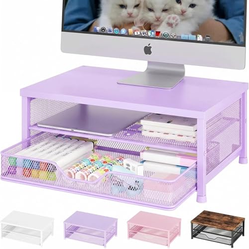 OPNICE Computer Monitor Stand Riser, Desk Organizer with Drawer, Printer & Laptop Stand, Office Desk Accessories & Workspace Desktop Organizers Storage for Office Supplies(Purple) - color: Purple, size: With Drawer