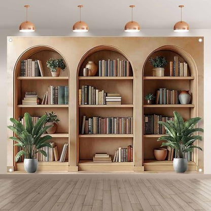 7x5ft Fabric Arched Bookshelf Backdrop School Library Books Modern Office Plants Video Conference Photography Background Indoor Decorations Photo Banner Props - size: 7'x5'