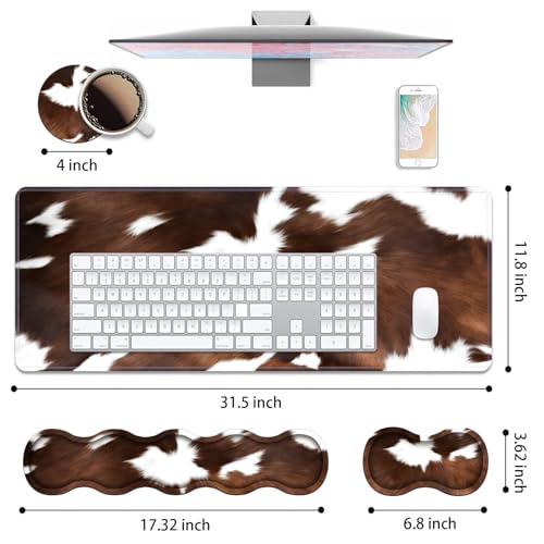 4 in 1 Ergonomic Keyboard Wrist Rest & Mouse Pad Wrist Rest Set, Large XXL Gaming Desk Mat 31.5"x 11.8" with Non-Slip Base, Memory Foam for Home Office Study Gaming, Brown Black Cow Print - color: Brown Black Cow Print