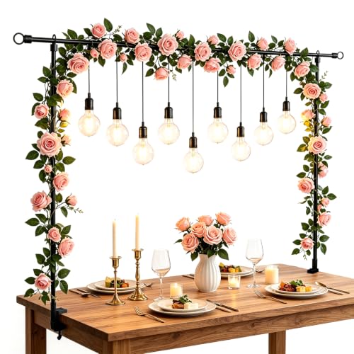 Over The Table Rod Stand with Clamps, Adjustable 31"-98'' Length 14"-47" Height Metal Table Arch Hanging for Halloween Christmas Wedding Birthday Party ﻿ - color: Black