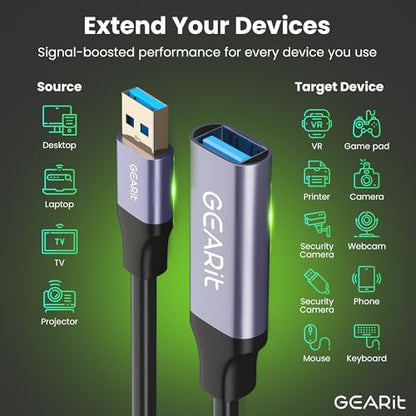 GEARit USB 3.0 Active Extension Cable (30 Feet) A-Male to A-Female USB Repeater with Signal Booster for Oculus Rift, Quest Link, Xbox 360 Kinect, PlayStation, Printer, Webcam - 30ft - size: 30 Feet