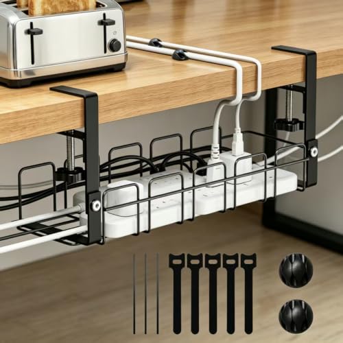 15.7 Inch Under Desk Cable Management Tray - Black No Punch Wire Organizer Holder, Sturdy Metal Rack for Power Strip, Desk Cable Organizer for Home, Office, Standing Desk, Gaming & Streaming Setup - color: Black