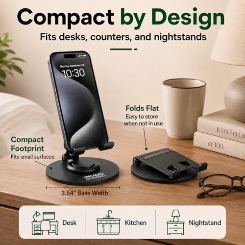 Uncaged Ergonomics 360° Swivel Rotating Adjustable Phone Stand for Desk, Portable & Foldable Cell Phone Stand for Desk, Compact Mobile Stand for Tabletop, Office, Kitchen & Bedroom (Black)