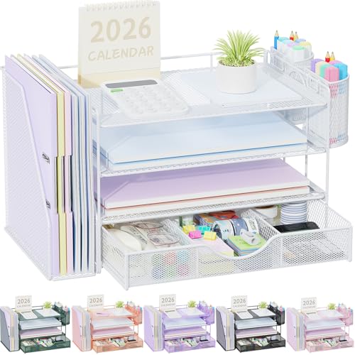 gianotter Desk Organizers and Accessories with File Holder, 4-Tier Desk Accessories & Workspace Organizers with Drawer and 2 Pen Holder, Paper Organizer for Office Supplies (White) - color: White