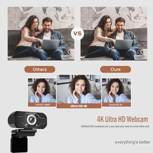 4K HD Webcam with Microphone, Noise Cancellation, Privacy Cover, Wide-Angle Lens, Auto Light Correction, Plug & Play USB Webcam for Laptop, Desktop, PC, Zoom, Skype, Stream - style: 4K