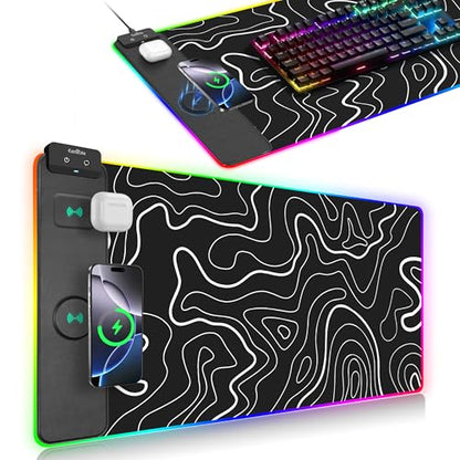 Wireless Charging Mouse Pad, RGB Gaming Mousepad, 31.5"x15.7" Extra Large Desk Pad, 13 Light Modes, Non-Slip Base, Waterproof Computer Keyboard Mat for MacBook, PC, Laptop, Black Topographic Line - color: Black Topographic