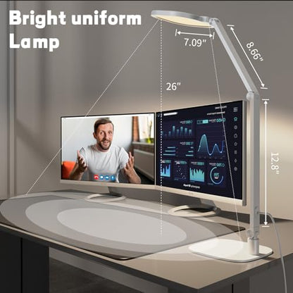 LitONES LED Desk Lamp for Home Office, Professional Eye-Caring Diffused Desk Light, 3 Color 10 Brightness Computer Light, Dimmable Office Lamp with Memory & Timer Func, Metal Swing Arm Table Lamp - color: White