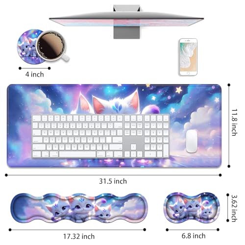 4 in 1 Ergonomic Keyboard Wrist Rest & Mouse Pad Wrist Rest Set, Large XXL Gaming Desk Mat 31.5"x 11.8" with Non-Slip Base, Memory Foam for Home Office Study Gaming, Cute Cat - color: Cute Cat