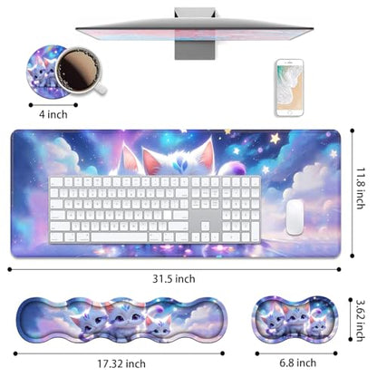 4 in 1 Ergonomic Keyboard Wrist Rest & Mouse Pad Wrist Rest Set, Large XXL Gaming Desk Mat 31.5"x 11.8" with Non-Slip Base, Memory Foam for Home Office Study Gaming, Cute Cat - color: Cute Cat