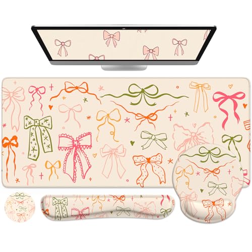 iCasso Desk Pad Mat, Large Mouse Pad and Keyboard Wrist Rest Set, Desk Protector Mat,4in1 Ergonomic Carpal Tunnel Keyboard Pad with Wrist Support for Desktop Home Office Computer (Colorful Ribbon) - color: Colorful Ribbon