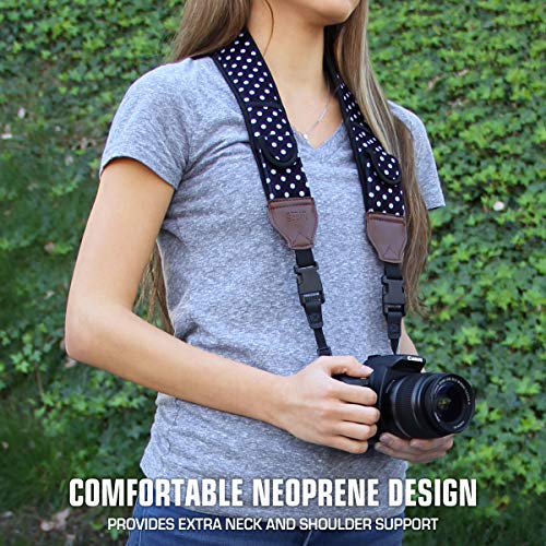 USA Gear TrueSHOT Camera Strap Neoprene Camera Straps - Padded Neck Strap, Pockets, and Quick Release Buckles - Compatible with Canon, Nikon, Sony and More DSLR and Mirrorless Cameras (Polka Dot) - color: Polka Dot