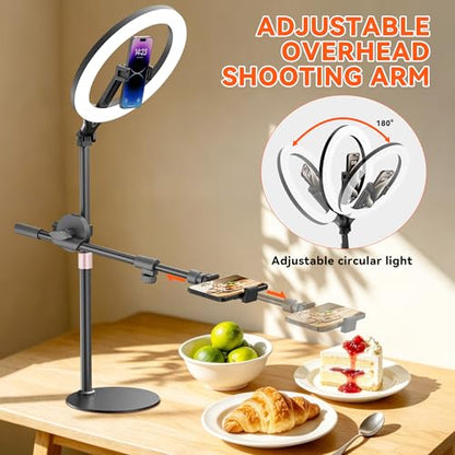 Ring Light with Stand is an Adjustable 11" Desk Ring Light,Featuring Overhead Phone Mount and Overhead Camera Mount with Light,Designed for Video Recording,YouTube,TikTok,Live Streaming