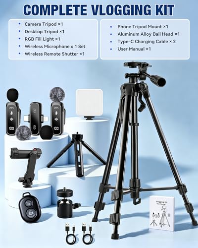 Vlogging Kit for iPhone/Android, TikTok YouTube Starter Kit for Video Recording with Magnetic Wireless Microphone, Full Size Camera Tripod, Table Tripod, RGB Fill Light, Content Creator Essentials