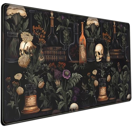 Vintage Aesthetic XL Extended Large Gaming Mouse Pad - Black Academia Mystical Green Plant Design - Computer Laptop Keyboard and Mouse Mat Desktop Protector - 31.5 x 15.8 in - color: Dark Theme
