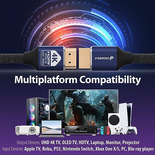 Fosmon HDMI 2.0 Cable 4K@60Hz 1ft, Premium Certified in-Wall CL3 Rated, 18Gbps Super High Speed, HDR, HDCP 2.2/1.4, 3D, ARC,30AWG, Cotton Braided Compatible with UHD TV Monitor, PS4/PS5, Xbox, Switch - size: 1FT, style: Premium 4K