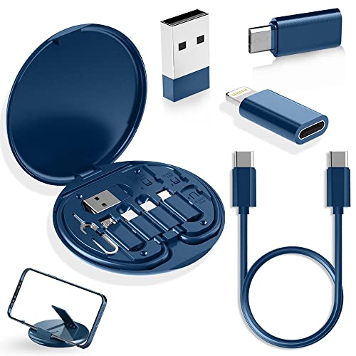 YANZIE USB Adapter Kit, Travel Charging Organizer Case with USB C, Micro USB and Lightning-Compatible Adapters, SIM Card Holder, Eject Pin and Phone Stand for Travel, Office and Car, Blue - color: Blue