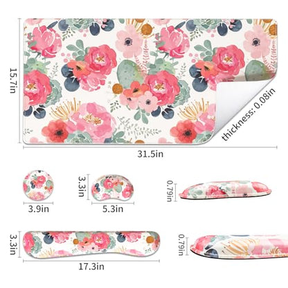 QIYI Leather Desk Mat Set, 4-in-1 Large Mouse Pad with Ergonomic Wrist Rest, Waterproof Desk Pad + Keyboard Wrist Rest + Mouse Wrist Support + Coaster, Non-Slip Office Gaming Accessories, Pink Flowers - color: Watercolor Pink Flowers