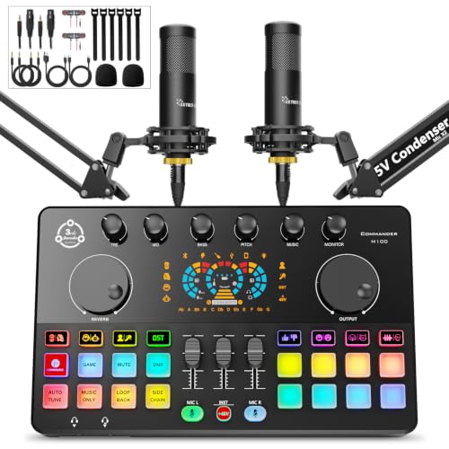Podcast Equipment Bundle for 2, Audio Interface with Condenser Microphone, Voice Change, DJ Mixer for Streaming, Podcast Recording COMMANDER M100 3rd - color: HS-M100-2