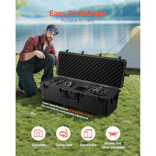 VEVOR Weatherproof Hard Case, Heavy Duty Protective Dry Box Case with Pre-Cut Foam Retractable Pull Handles for Travel, Hunt, Military, Tactical, IP67 Waterproof, for Cameras(44.09 * 15.94 * 13.46) - size: 112x41x34 cm