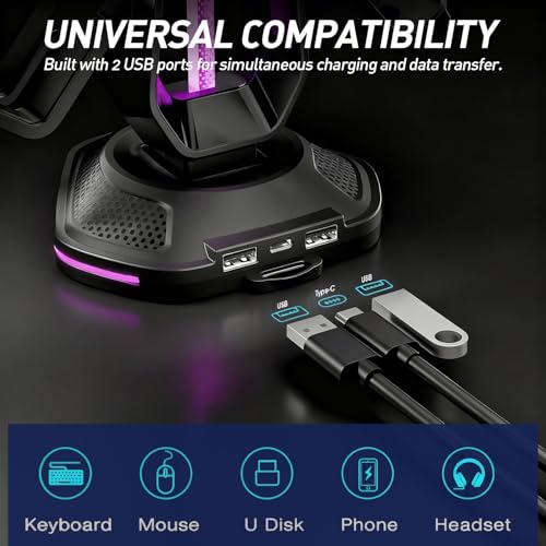 RGB Headset Stand with 9 Light Modes and 2 USB Charging Ports - Controller Holder for Desk - Headphone Stand & Detachable Controller Hook for PC Earphone Gaming Room Setup Accessories