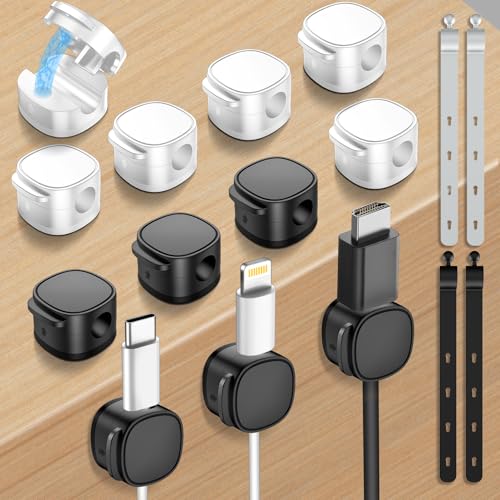 12 Pack,Magnetic Cable Clips & Silicon Cable Ties,[Cable Smooth Adjustable Under Desk Organizer],Cable Management,Cord Holder-Desk Stand Cable Organizer Holding,Adhesive for Home Cable Keeper - color: 6Black+6White