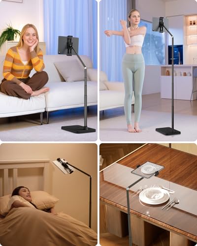 Viozon Tablet Floor Stand, Height & Angle Adjustable Tablet Holder with Aluminum Alloy Arm Tube, 360° Rotation for Bed, Sofa, Desk, Compatible with 3.5-11'' iPad Pro/Air/Mini, iPhone 15/14, Kindle，B - color: Black