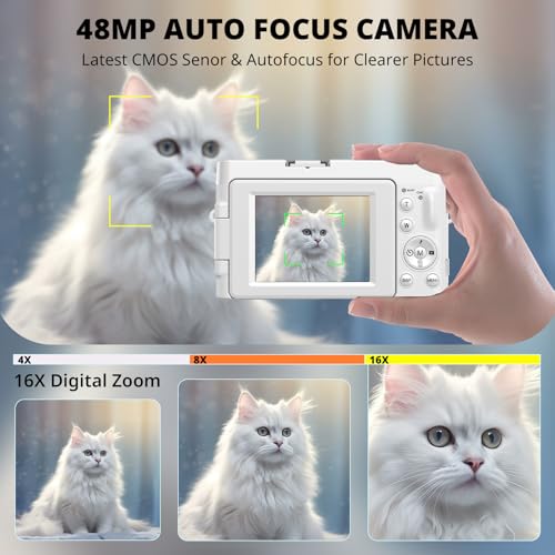 4K Digital Camera for Photography Autofocus, FHD 48MP Vlogging Camera for YouTube with SD Card, 2 Batteries, 16X Zoom,3" 180°Flip Screen Compact Travel Camera for Teens Beginners - color: Off White