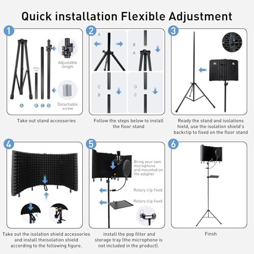 5-Sided Isolation Shield Microphone Stand, Studio-Grade Soundproof Booth with Pop Filter & High-Density Foam, Adjustable Tripod for Home music studio, Podcasting Mic Stand with Pop Filter