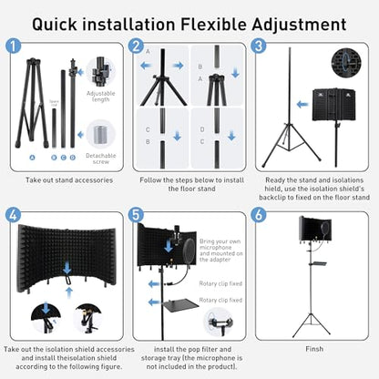 5-Sided Isolation Shield Microphone Stand, Studio-Grade Soundproof Booth with Pop Filter & High-Density Foam, Adjustable Tripod for Home music studio, Podcasting Mic Stand with Pop Filter