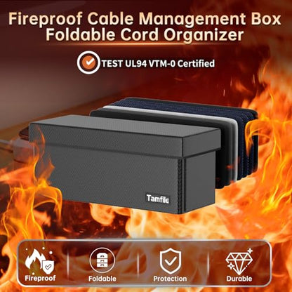 Tamfile Cable Management Box, Fireproof Foldable Cord Organizer and Cover | Heat Resistant Large Power Strip Organizer for TV Wires, Computer and USB Hub with Cable Clips & Reusable Cable Ties, Black