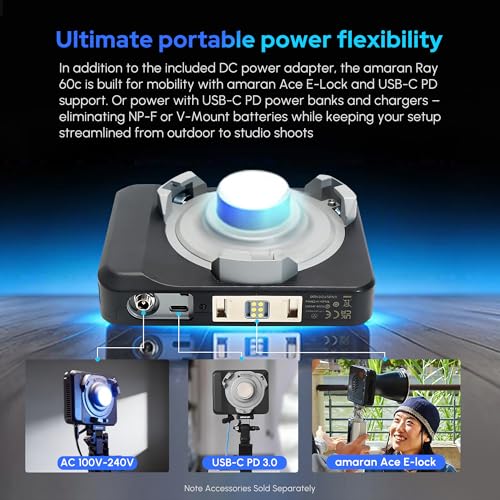 Amaran Ray 60c RGB Video Light,60W Portable Studio Photography Light CCT 1,800K-20,000K with Softbox Portable Bag for YouTube,TikTok,Live Streaming,Weddings,Vlog