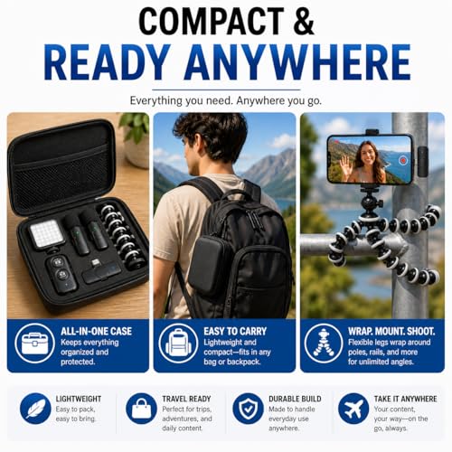 Acuvar Vlogging Kit for iPhone & Android with Wireless Microphone – Flexible Tripod Stand with LED Light, Phone Mount, Remote & Carry Case for TikTok, YouTube & Content Creators