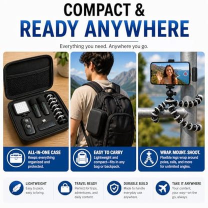 Acuvar Vlogging Kit for iPhone & Android with Wireless Microphone – Flexible Tripod Stand with LED Light, Phone Mount, Remote & Carry Case for TikTok, YouTube & Content Creators