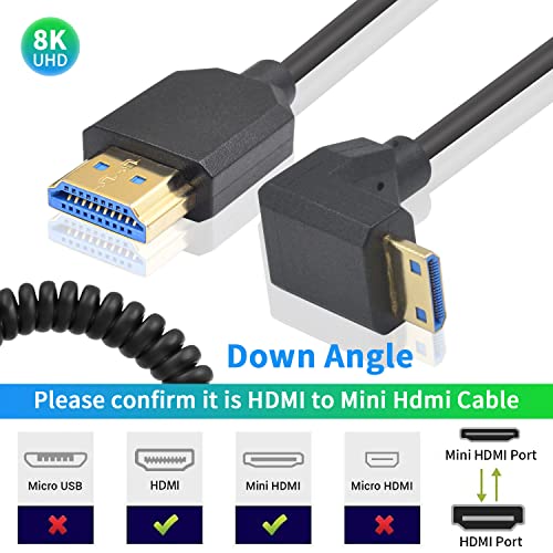 Duttek 90 Degree Mini HDMI to HDMI Coiled Cable, 48Gbps Ultra Thin Down Angled Mini HDMI Male to HDMI Male Cable Support 8K@60Hz for Projector, Monitor, Camcorder 4FT/1.2M - style: Down Angle Mini hdmi Male to HDMI Male