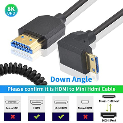 Duttek 90 Degree Mini HDMI to HDMI Coiled Cable, 48Gbps Ultra Thin Down Angled Mini HDMI Male to HDMI Male Cable Support 8K@60Hz for Projector, Monitor, Camcorder 4FT/1.2M - style: Down Angle Mini hdmi Male to HDMI Male
