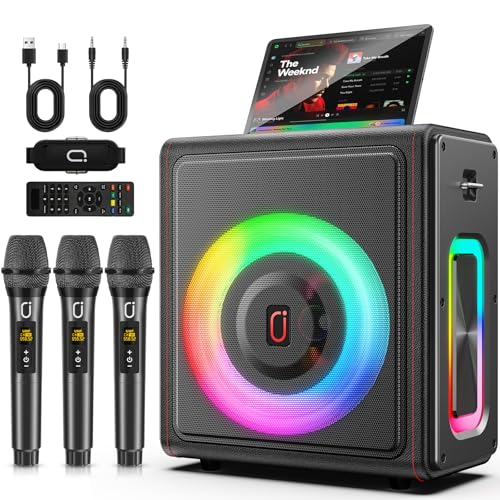 Karaoke Machine, Portable Bluetooth 5.3 Speaker with 3 Wireless Microphones for Adults, 300W Retro Leather PA System with Pitch Correction, Supports TV/TWS/TF Card/USB/AUX/Live (3MICS) - color: 3MICS