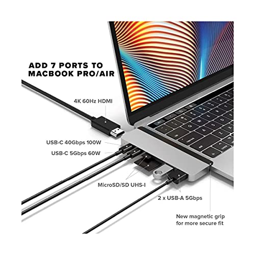 HyperDrive Duo 7-in-2 MacBook USB C Hub — for Mac w/Dual Ports, 4K60Hz HDMI, 40Gbps USB-C 100W Power Delivery, USB-A, SD/MicroSD, Magnetic Mount — (Silver)