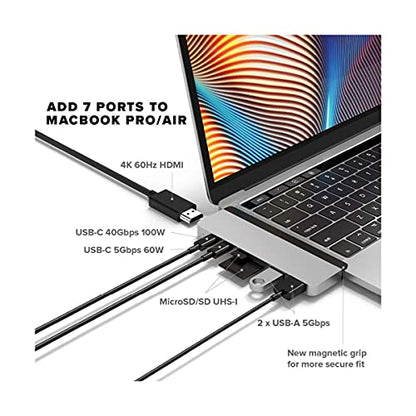 HyperDrive Duo 7-in-2 MacBook USB C Hub — for Mac w/Dual Ports, 4K60Hz HDMI, 40Gbps USB-C 100W Power Delivery, USB-A, SD/MicroSD, Magnetic Mount — (Silver)