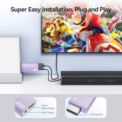 GANA Wii to HDMI Converter Adapter with Hdmi Cable Connect Wii Console to HDMI Display in 1080p Output Video with 3.5mm Audio Supports All Wii Display Modes Purple - color: wii to hdmi Purple