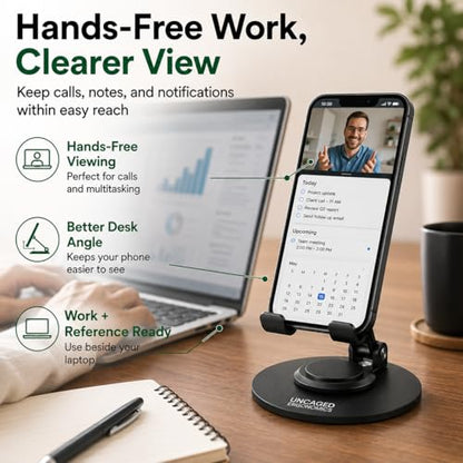 Uncaged Ergonomics 360° Swivel Rotating Adjustable Phone Stand for Desk, Portable & Foldable Cell Phone Stand for Desk, Compact Mobile Stand for Tabletop, Office, Kitchen & Bedroom (Black)