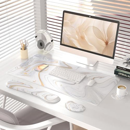 QIYI Leather Desk Mat Set, 4-in-1 Large Mouse Pad with Ergonomic Wrist Rest, Waterproof Desk Pad + Keyboard Wrist Rest + Mouse Wrist Support+Coaster, Non-Slip Office Gaming Accessories, Marble Stripes - color: White Marble Stripes
