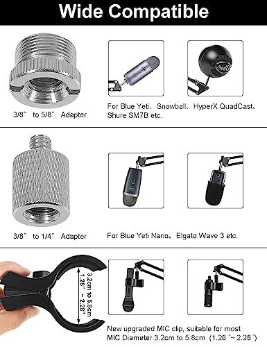 Boom Arm Mic Stand for Blue Yeti, Nano, HyperX QuadCast Snowball Fifine and More Mic, Adjustable Boom Arm Desk Microphone Stand with 3/8" to 5/8" 1/4" Screw, Pop Filter